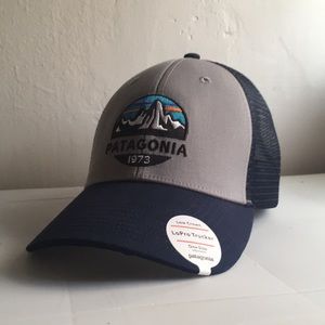 Gray and Navy Patagonia hat.